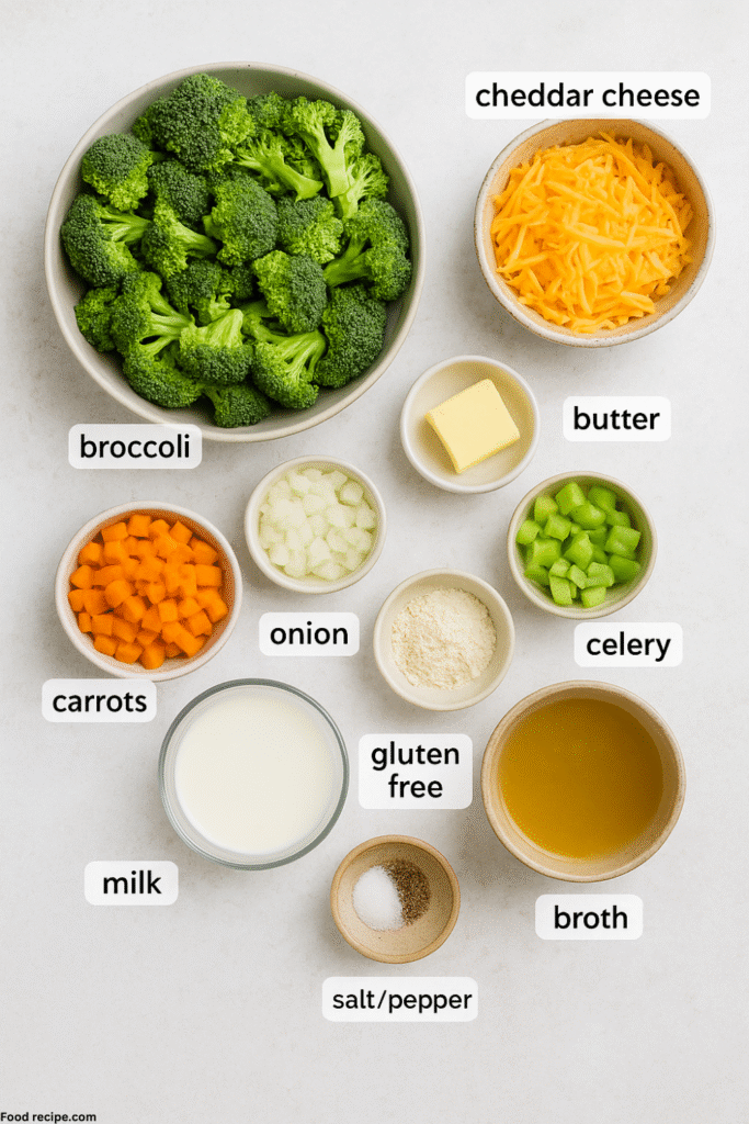 Creamy Gluten Free Broccoli Cheddar Soup Recipe ingredients