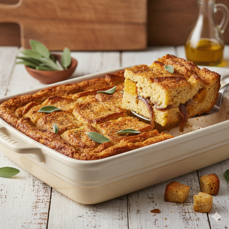 Savory Gluten Free Pumpkin & Caramelized Onion Bread Pudding