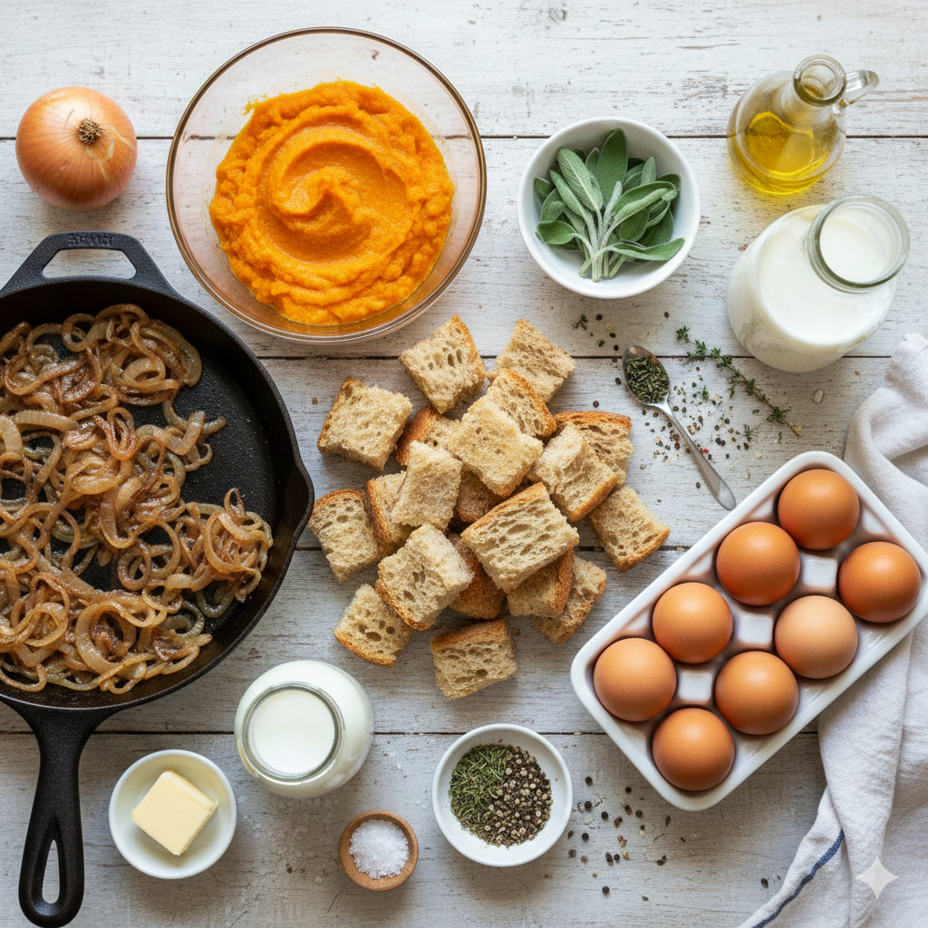 Gluten Free Pumpkin & Caramelized Onion Bread Pudding